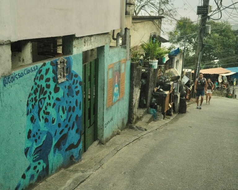 Mural azul com uma onça pintada em rua de comunidade no Rio de Janeiro