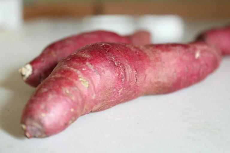 Batatas-doces de casca roxa sobre uma superfície clara