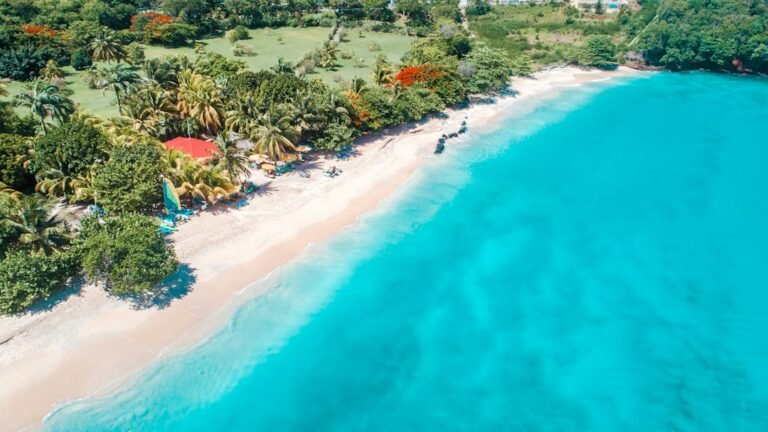 Vista aérea da areia clara e do mar azul-turquesa em Grand Anse, Grenada.