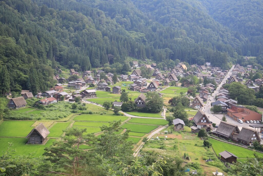 Vista de Shirakawa-go com casas de telhados de palha muito inclinados, campos verdes e montanhas arborizadas